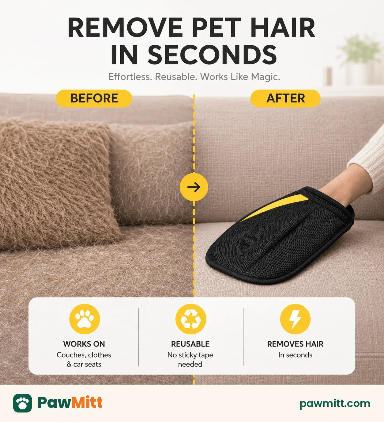 Before and after: pet hair lifted off a sofa